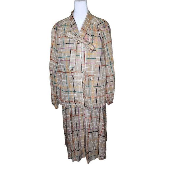 Vintage 70s Long Sleeve Top Blouson Dress Set Womens Size 3XL Beige Rainbow Chec - Picture 2 of 13